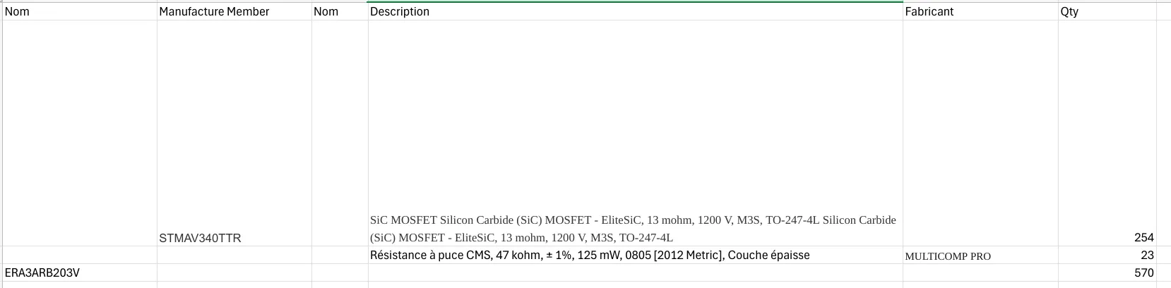 Excel de commande de pièce