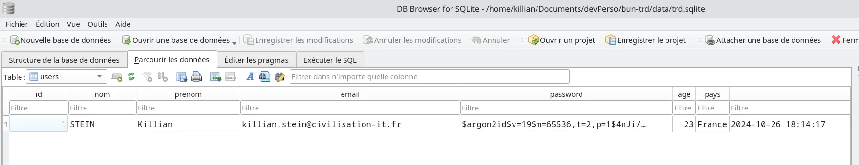 DB Browser utilisateur créé